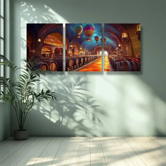 3pcs Vibrant Wine Cellar with Hot Air Balloon Metal Print Ready to Hang Art