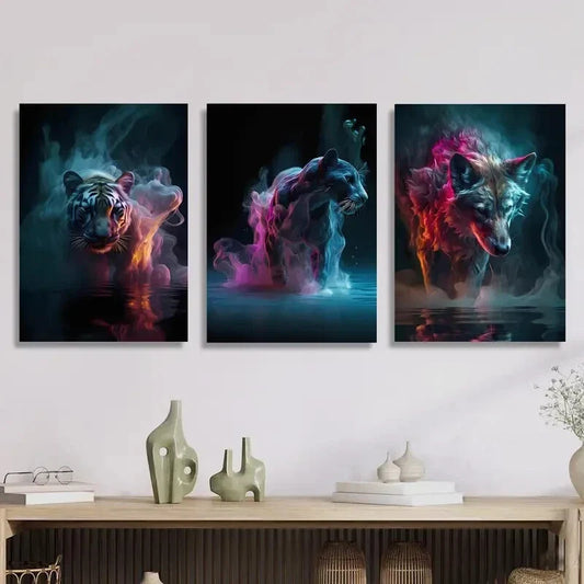 3pcs Inspired Tiger, Bear, Wolf & Fish, Metal Print Ready to Hang Art