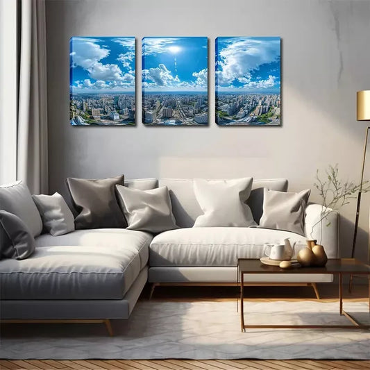 3pcs Blue Sky Above The City Wall Art Set Canvas Framed 40x60cm - High Quality Print 100% Australian Made Wall Canvas Ready to Hang