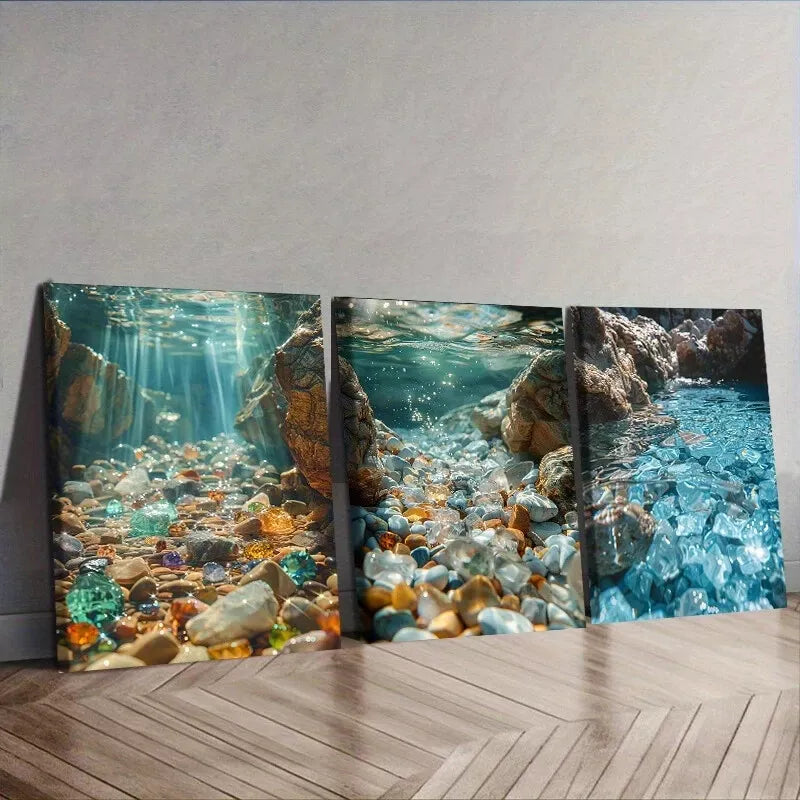3pcs Art Deco Modern Water Gem Theme, Wall Art Set Canvas Framed 40x60cm - High Quality Print 100% Australian Made Wall Canvas Ready to Hang