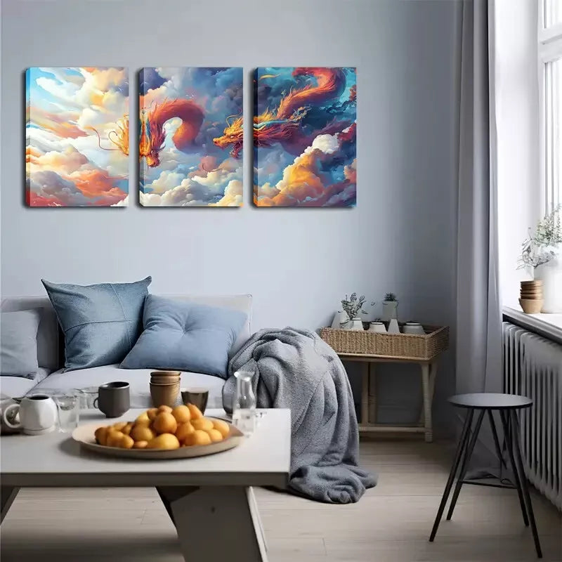 3pcs Two Majestic Dragons Wall Art Set Canvas Framed 40x60cm - High Quality Print 100% Australian Made Wall Canvas Ready to Hang