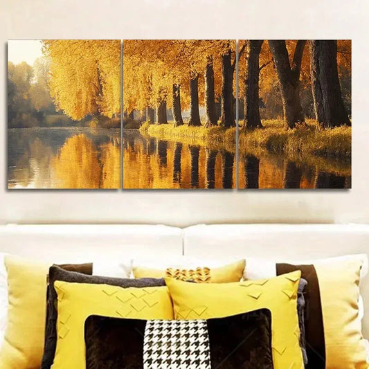3pcs Golden autumn trees along the river Wall Art Set Canvas Framed 40x60cm - High Quality Print 100% Australian Made Wall Canvas Ready to Hang
