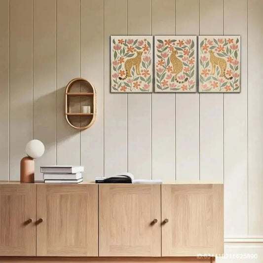 3pcs Cheetah & Floral Mid-Century Vintage Style Metal Print Ready to Hang Art