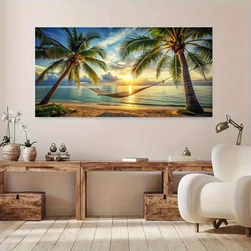 Vibrant Palm Trees and Ocean Wall Art Canvas Office Home Room Framed 80x45cm