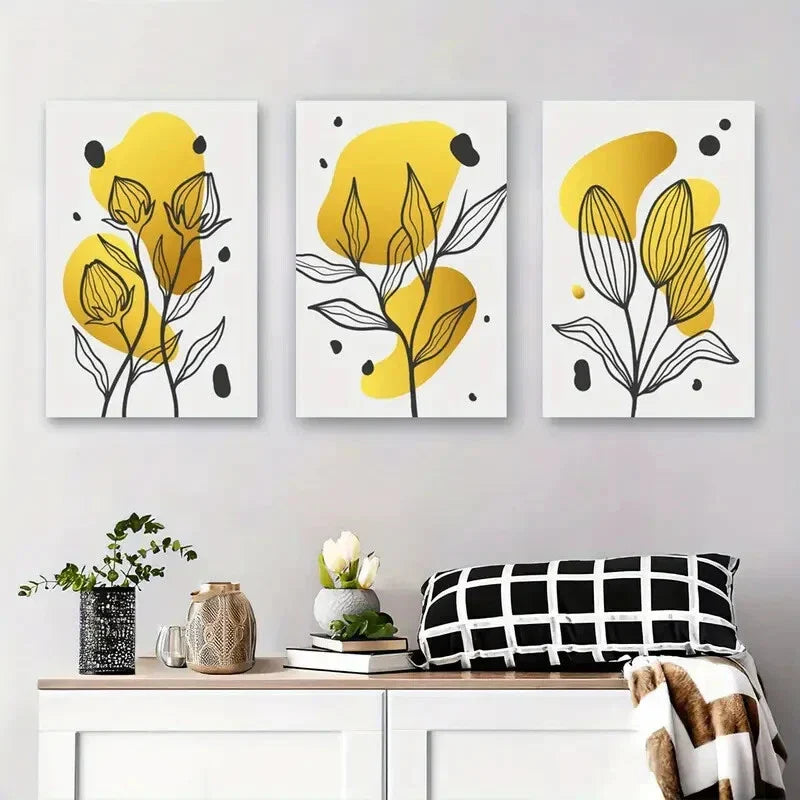 3pcs Abstract Yellow Flower Black Line Drawing Metal Print Ready to Hang Art