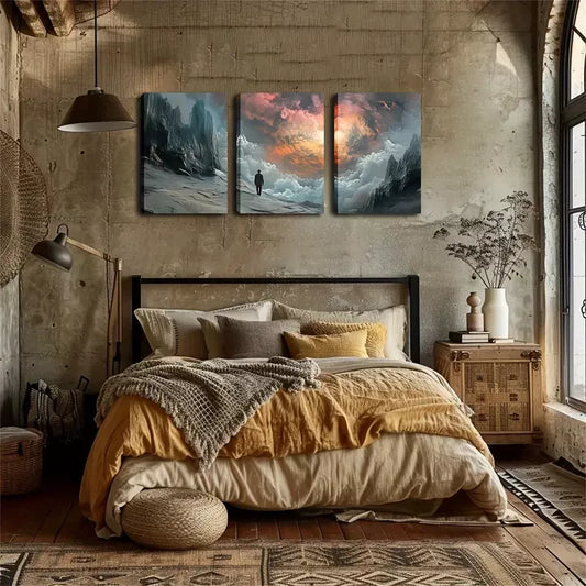 3pcs Mystical Mountain Landscape with Sunset Wall Art Set Canvas Framed 40x60cm - High Quality Print 100% Australian Made Wall Canvas Ready to Hang