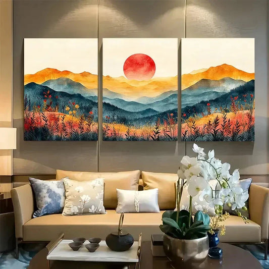 3pcs Orange Sun Tree Rings Abstract Illustrations Metal Print Ready to Hang Art