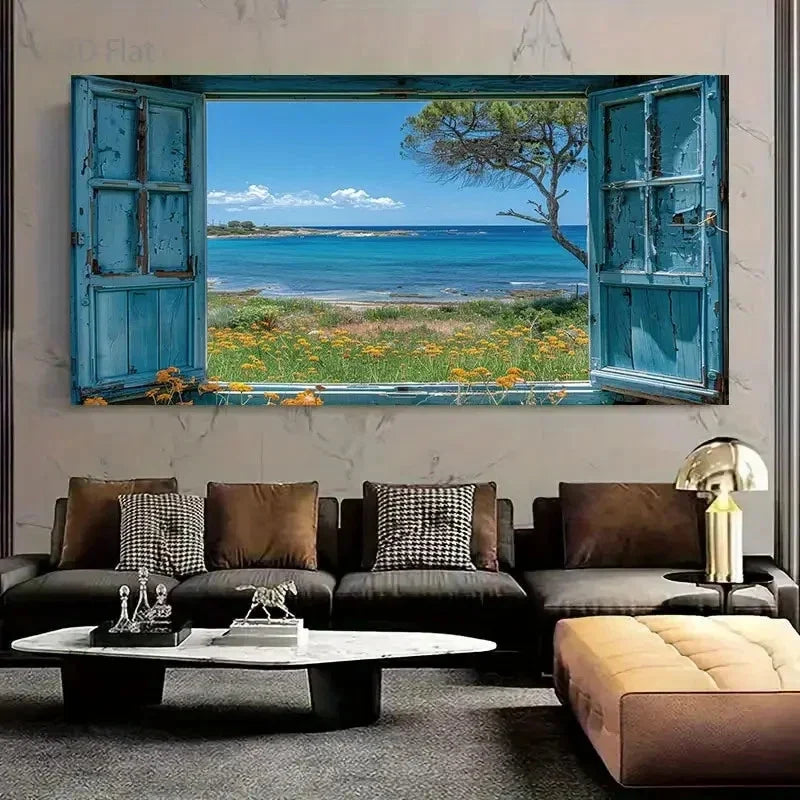 Turquoise Shutters & Ocean View Wall Art Canvas Office Home Room Framed 80x45cm