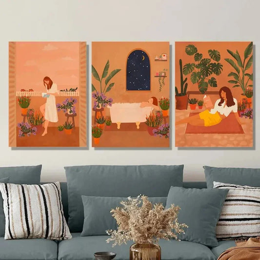 3pcs Serene Plant & Girl Illustrations Metal Print Ready to Hang Art