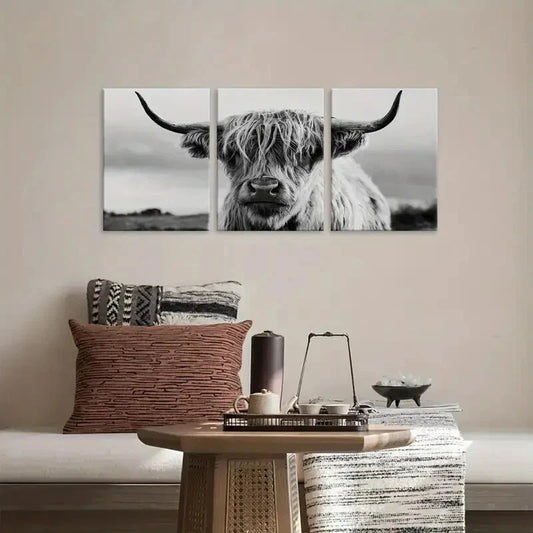 3pcs highland cattle black and white Metal Print Ready to Hang Art