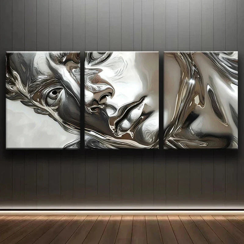 3pcs Modern Glowing Silver Face Metal Print Ready to Hang Art