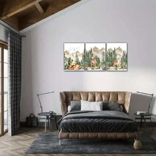 3pcs Forest Scene with Bears Deer Mountains Metal Print Ready to Hang Art