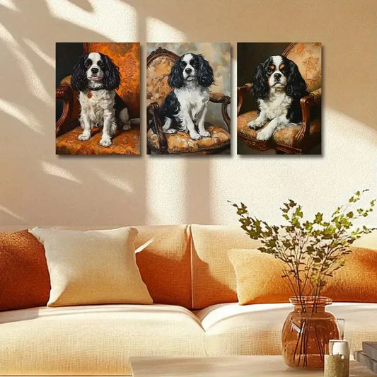 3pcs Puppy sitting on Chair Design Metal Print Ready to Hang Art