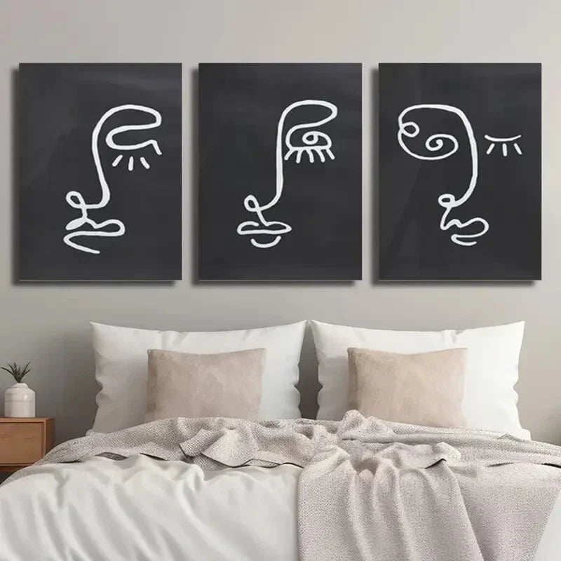 3pcs Abstract Black And White Line Human Face Metal Print Ready to Hang Art