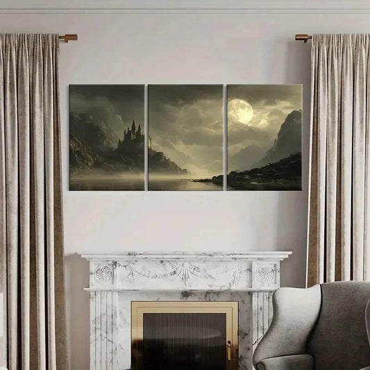 3pcs Mystical Castle Full Moon & Mountain Metal Print Ready to Hang Art