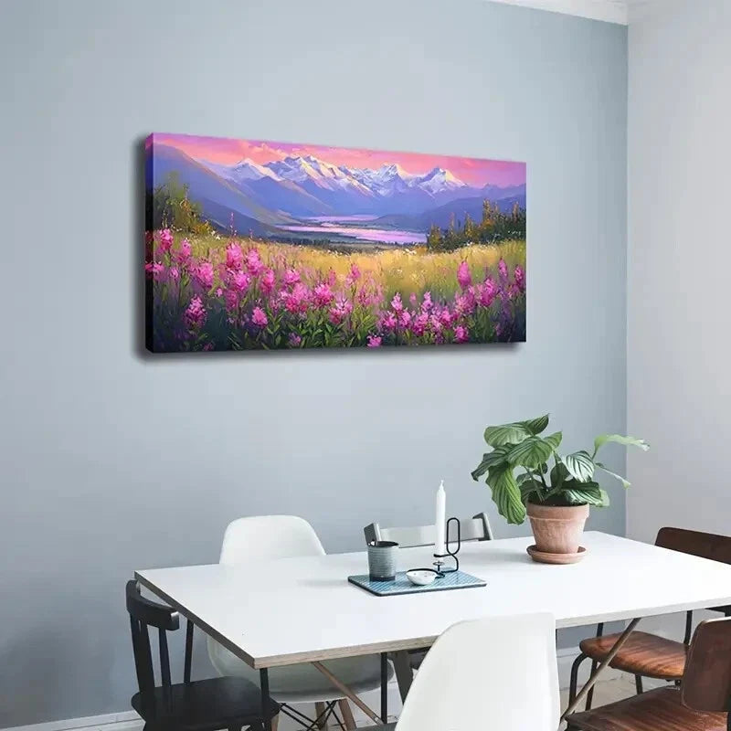 Peaks and Vibrant Pink Flowers Wall Art Canvas Office Home Room Framed 120x60cm