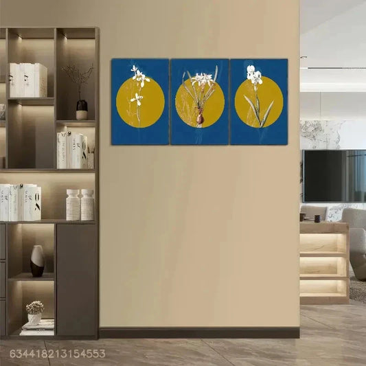 3pcs Flower Poster with Golden Circle And Blue Metal Print Ready to Hang Art
