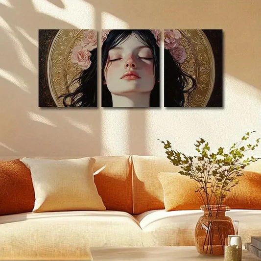 3pcs Pretty woman with Pink Floral Headdress Metal Print Ready to Hang Art