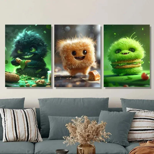 3pcs green furry monster burger, abstract Metal Print Ready to Hang Art