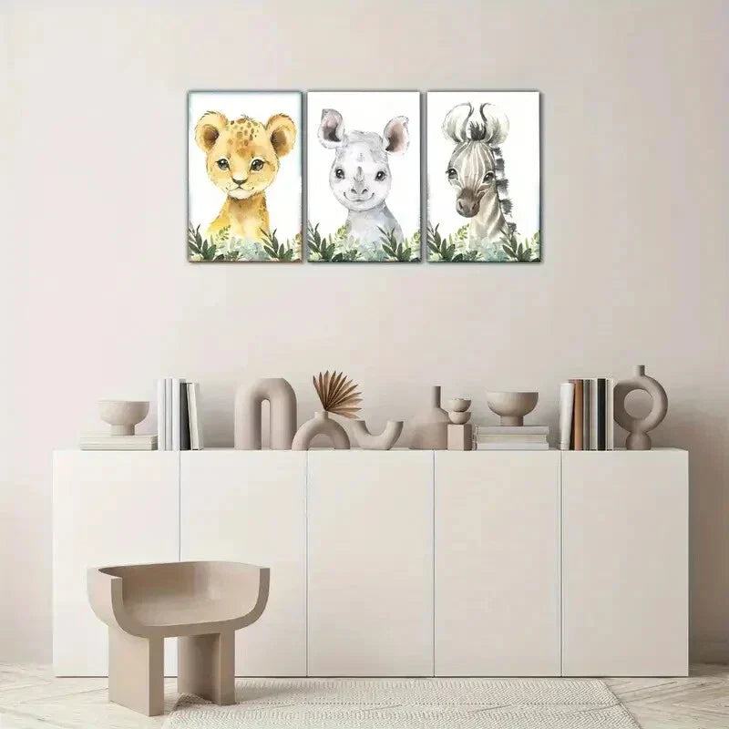 3pcs Zebra Cub Rhino Leopard Wildlife Art Metal Print Ready to Hang Art