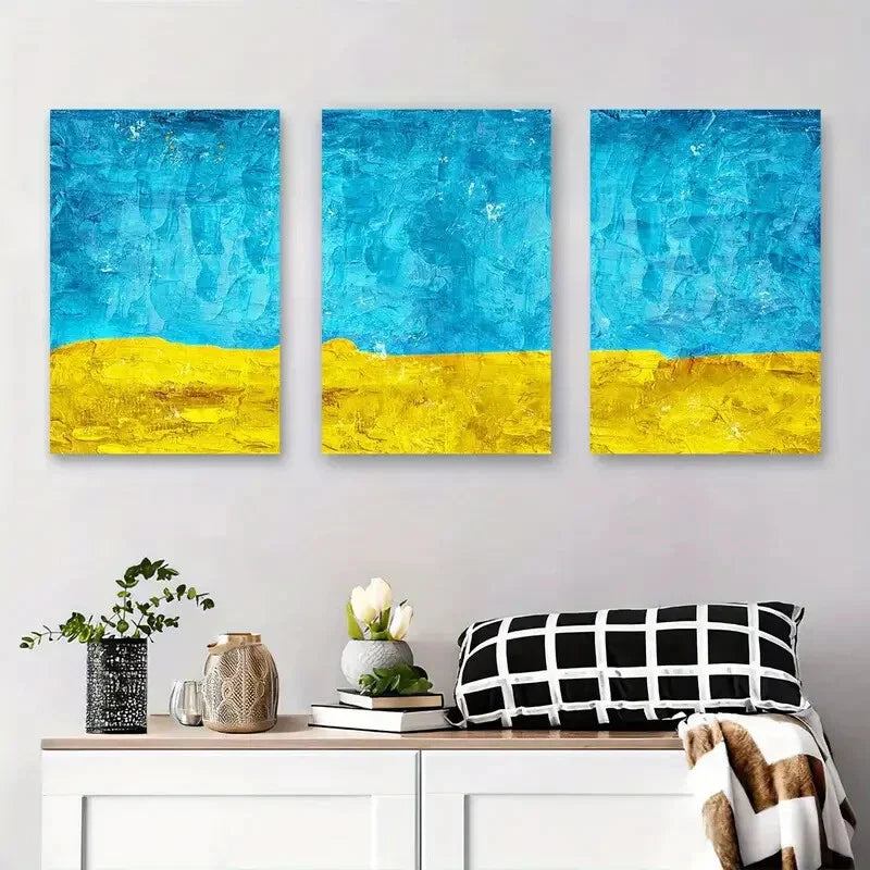 3pcs Blue and Yellow Abstract Minimalist Metal Print Ready to Hang Art