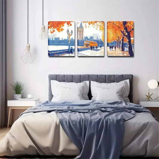 3pcs Romantic Autumn London Street Wall Art Set Canvas Framed 40x60cm - High Quality Print 100% Australian Made Wall Canvas Ready to Hang