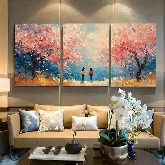 3pcs Girls Walking Under Blooming Trees Metal Print Ready to Hang Art