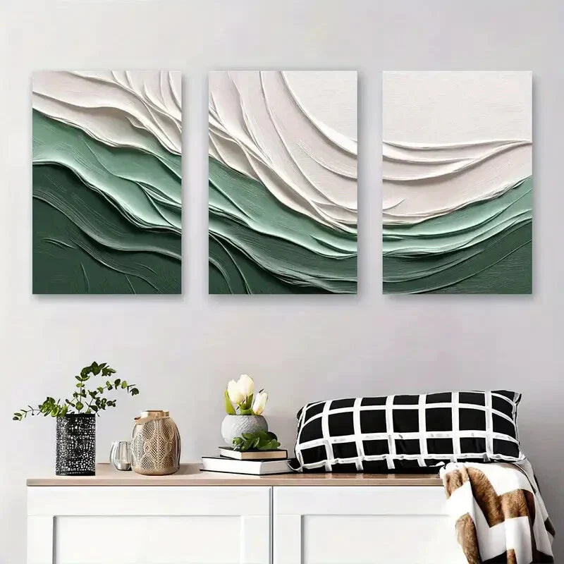 3pcs Modern Abstract Textured Landscape Green Metal Print Ready to Hang Art