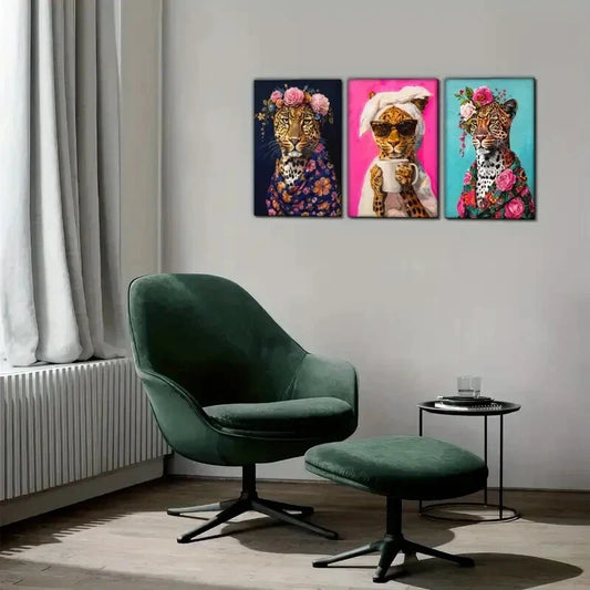 3pcs Cheetah Funny And Cute Animal Cheetah with Metal Print Ready to Hang Art