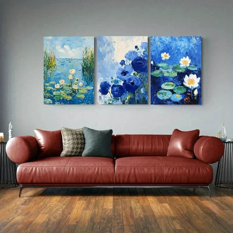 3pcs Vibrant Water Lilies & Lavender Designs Metal Print Ready to Hang Art