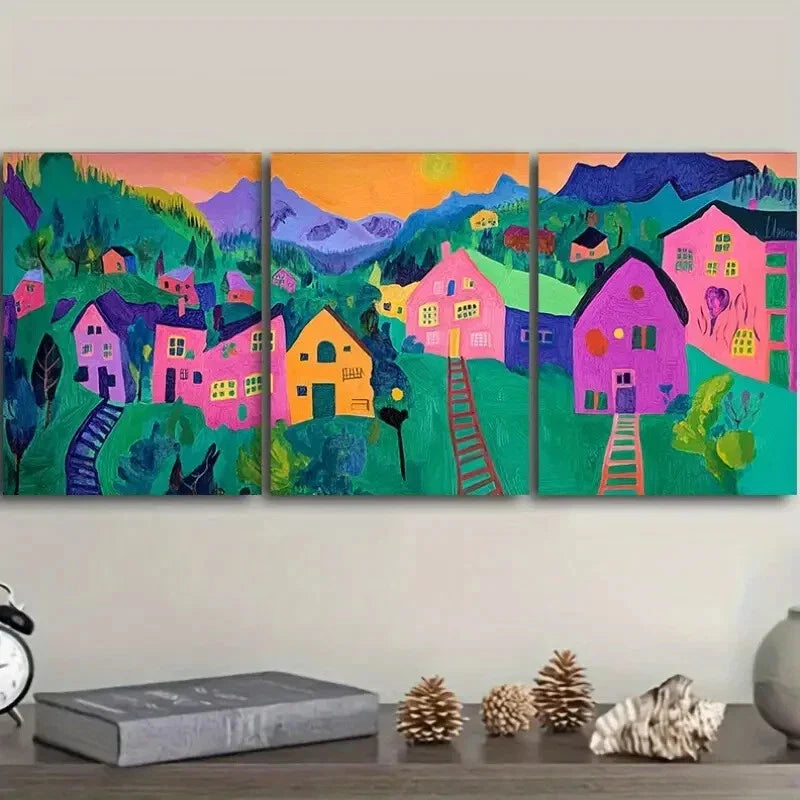 3pcs Colorful Mountain & House Scenes Wall Art Set Canvas Framed 40x60cm - High Quality Print 100% Australian Made Wall Canvas Ready to Hang