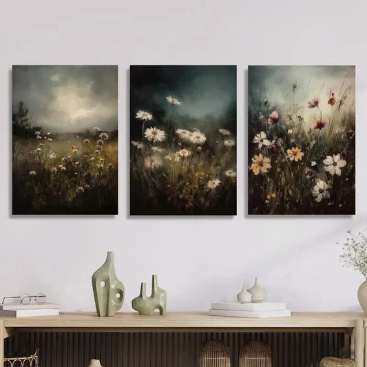 3pcs Dark Floral Landscape, Metal Print Ready to Hang Art