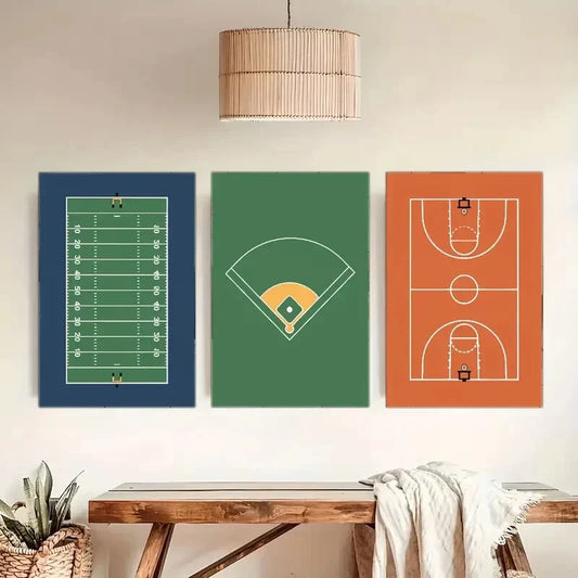 3pcs Baseball Basketball & Football Fields Metal Print Ready to Hang Art