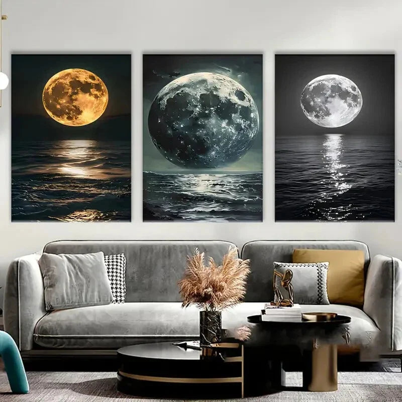 3pcs Golden & Black & White Moon Metal Print Ready to Hang Art