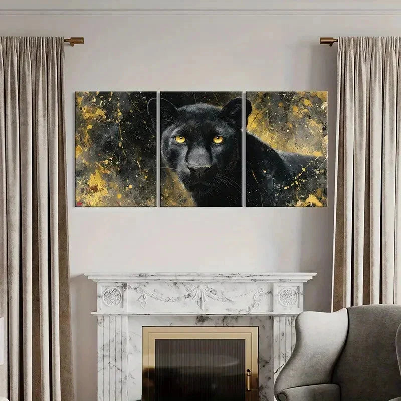 3pcs Black Panther Golden Splatter Background Metal Print Ready to Hang Art