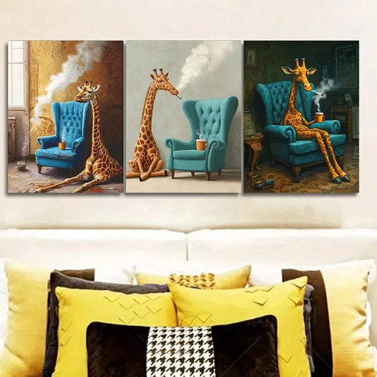 3pcs Giraffe & Armchair Wall Art Set Canvas Framed 40x60cm - High Quality Print 100% Australian Made Wall Canvas Ready to Hang