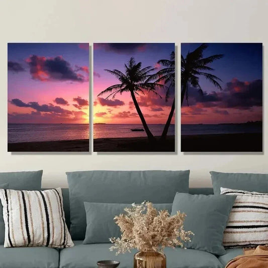 3pcs Palm Tree Ocean Beach Sunset Wall Art Set Canvas Framed 40x60cm - High Quality Print 100% Australian Made Wall Canvas Ready to Hang