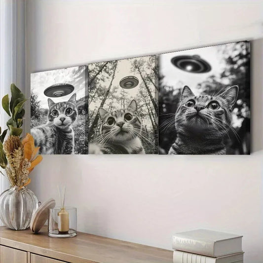3pcs Cat Capturing A Selfie With A UFO Wall Art Set Canvas Framed 40x60cm - High Quality Print 100% Australian Made Wall Canvas Ready to Hang