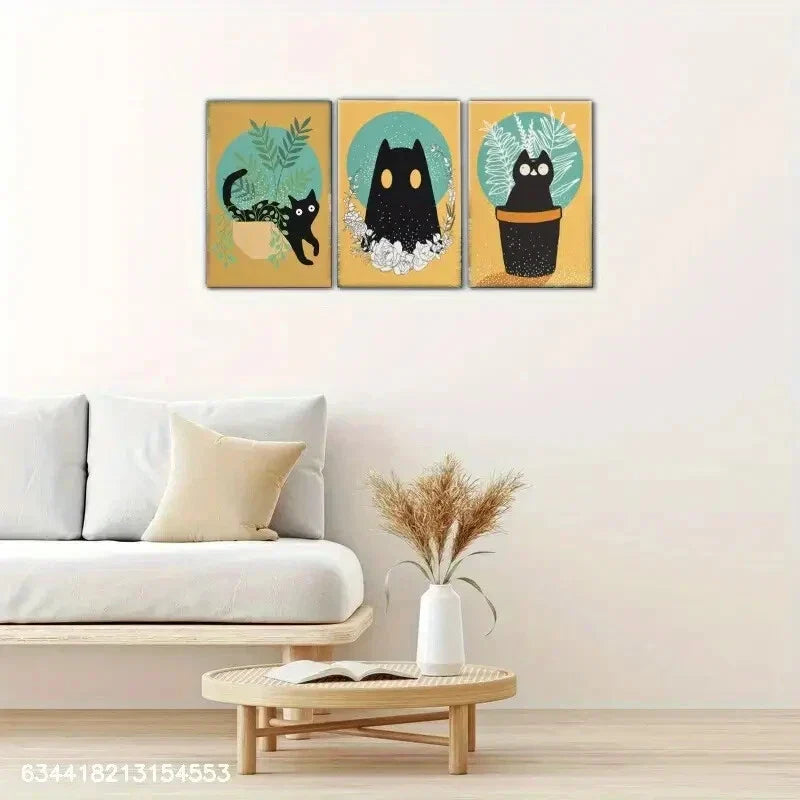 3pcs Black Cat and Plant Art Canvas Posters Metal Print Ready to Hang Art