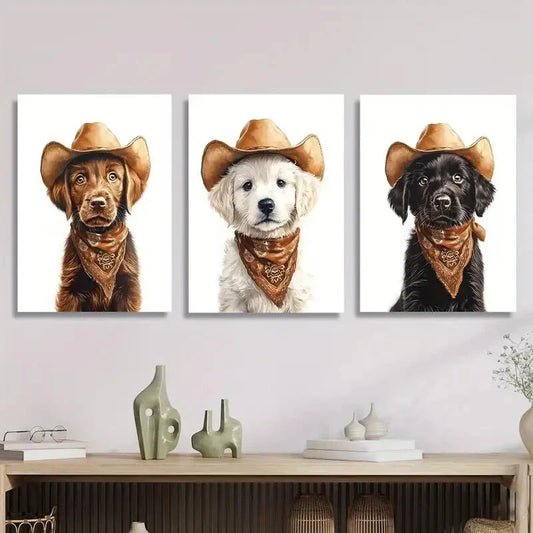 3pcs Dog, cowboy hat, portrait, Metal Print Ready to Hang Art