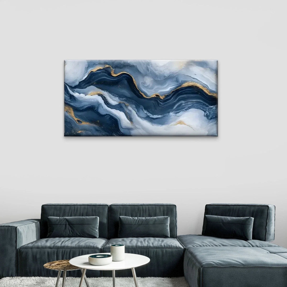 Blue And Golden Marble Abstract Wall Art Canvas Office Home Room Framed 80x45cm