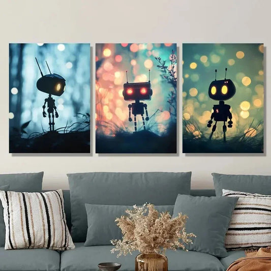 3pcs Robots in dream scenes, Metal Print Ready to Hang Art