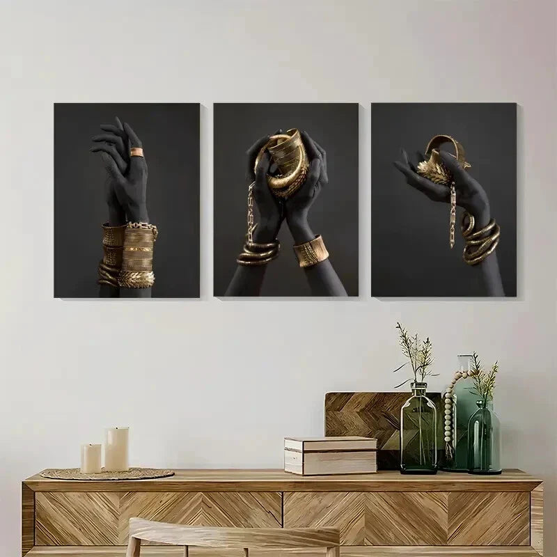 3pcs Luxury Black And Golden Hands Metal Print Ready to Hang Art