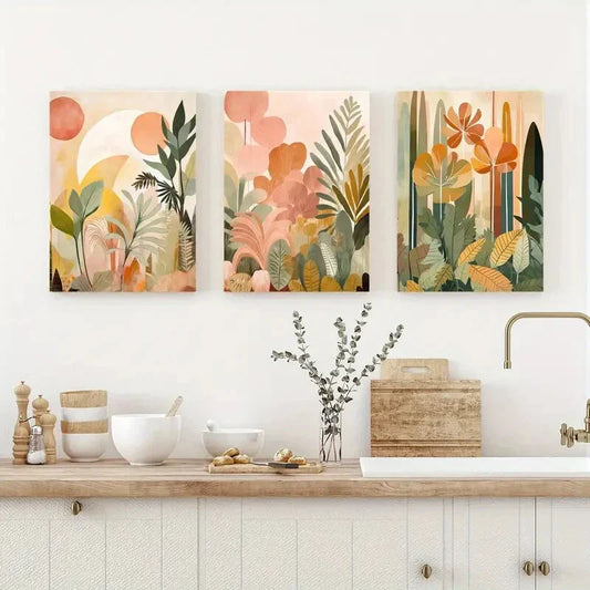 3pcs Tropical Jungle in Earth Tones Design Metal Print Ready to Hang Art