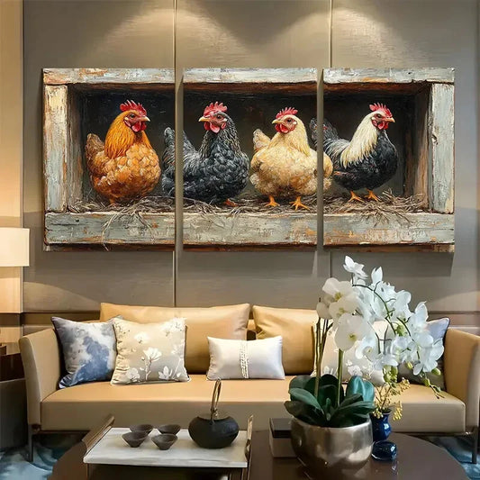 3pcs Chicken Coop with hens and Chick Metal Print Ready to Hang Art
