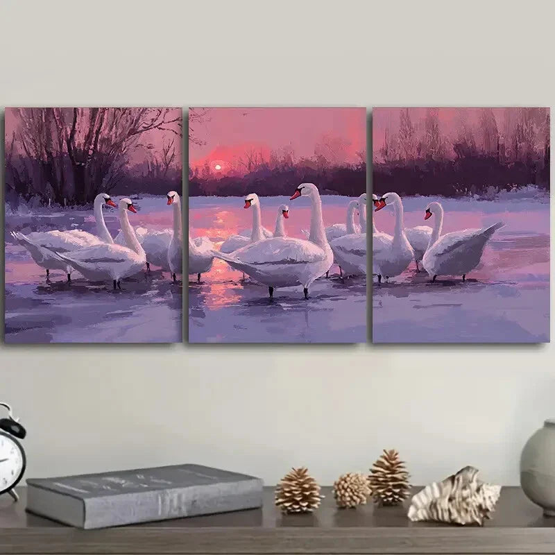 3pcs A flock of swans in a lake Wall Art Set Canvas Framed 40x60cm - High Quality Print 100% Australian Made Wall Canvas Ready to Hang