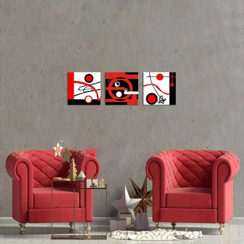 3pcs Modern Red Geometric Abstract Black & White Metal Print Ready to Hang Art