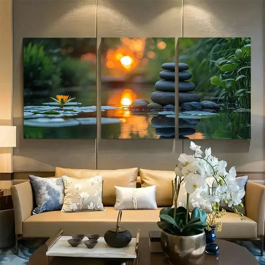 3pcs Zen Garden Bamboo & Lily Pad Pond Metal Print Ready to Hang Art