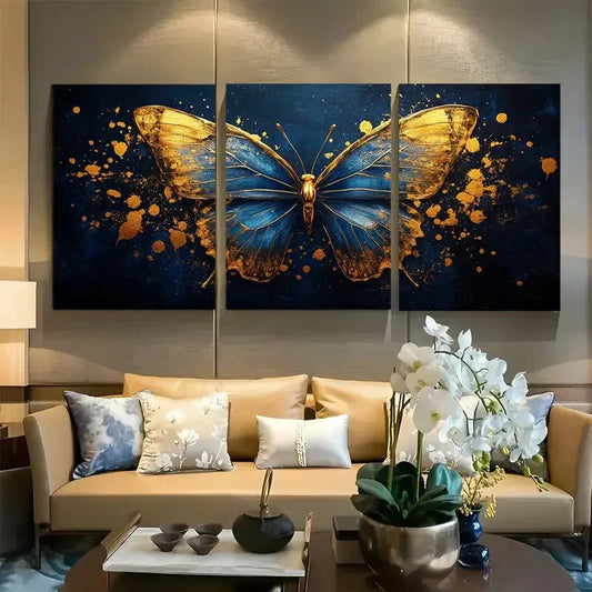 3pcs Elegant Navy and Golden Butterfly Metal Print Ready to Hang Art