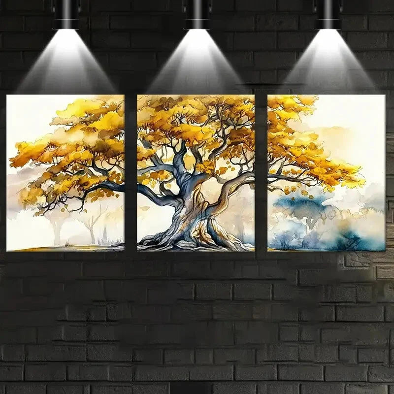 3pcs Magnificent Golden Tree Of Life Metal Print Ready to Hang Art